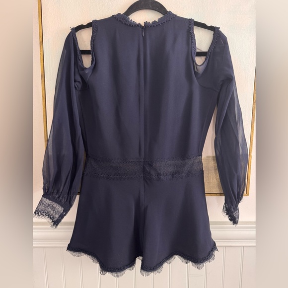 Jonathan Simkhai Cold Shoulder Lace Trim Blouse in Blue Silk - Picture 4 of 6